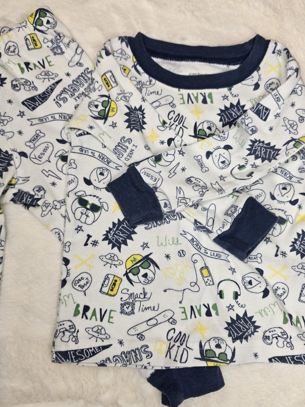 Carter's White Graphic Pajama Set with Navy Trim and Multi-Color Prints